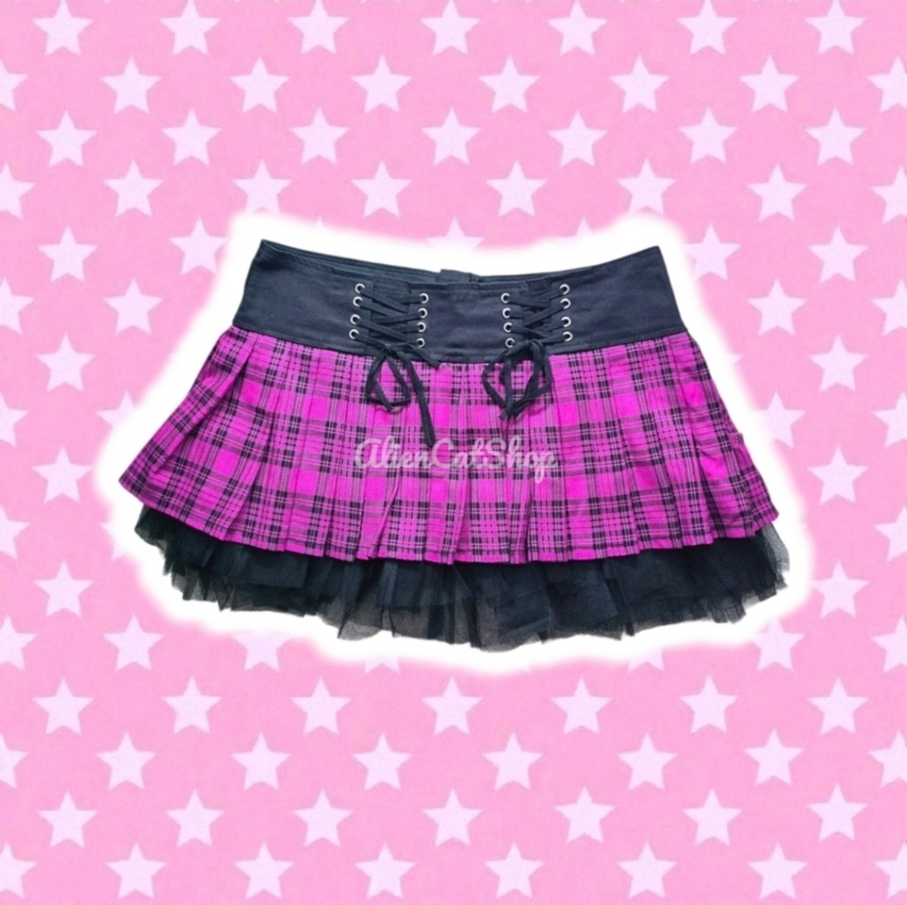 Y2k Royal Bones Plaid Pink Lace Mini skirt